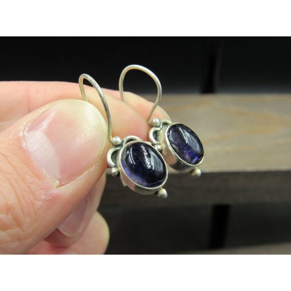Sterling Silver Heavily Tarnished Dark Amethyst Stone Earrings - Picture 2 of 5